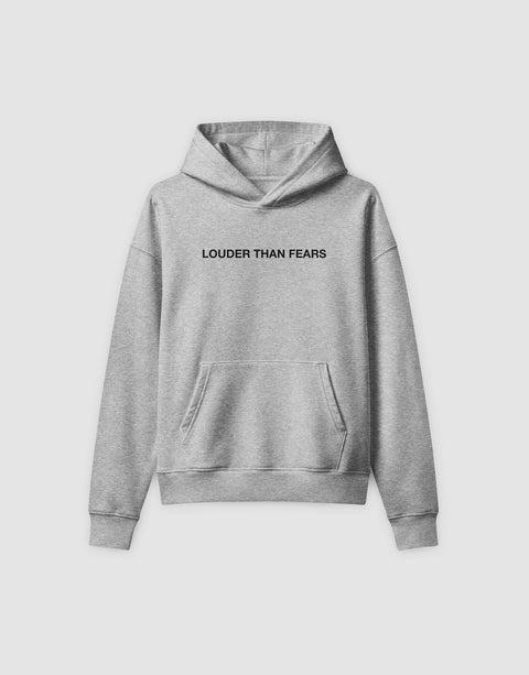 Unisex Hoodie Louder than Fears Text Grey - Front View